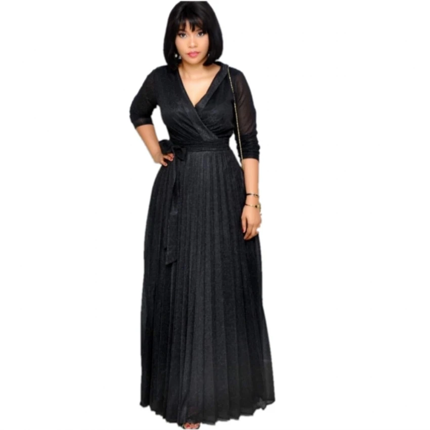 

2019 Reflective Long Dress Women Pleated Sexy Deep V Neck Elegant Spring High Waist Belt Evening Party Black Maxi Dresses
