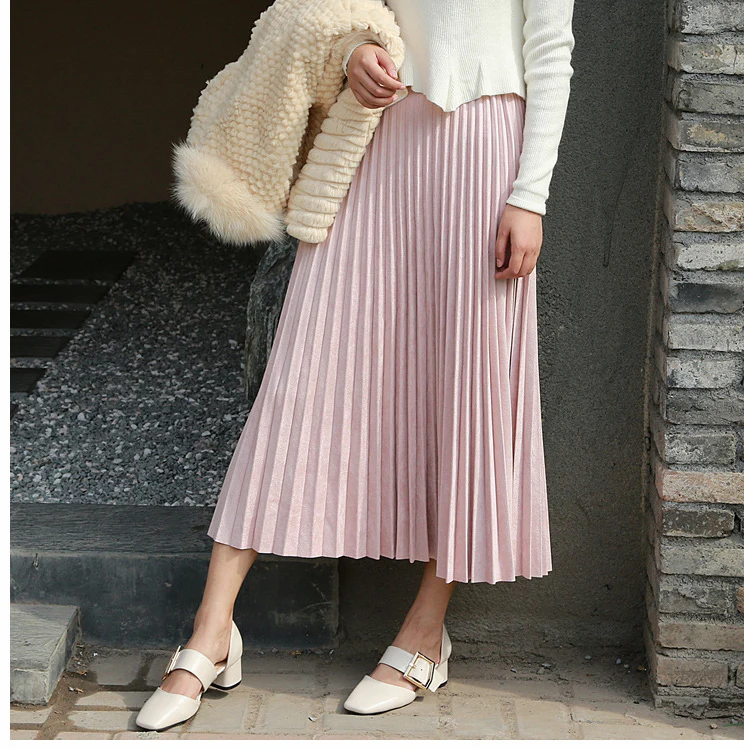 

2019 Women Elegant High Waist Summer Midi Skirt Saias Women Suede Skirts Long Pleated Skirts Pink Female Vintage Skirts Saia