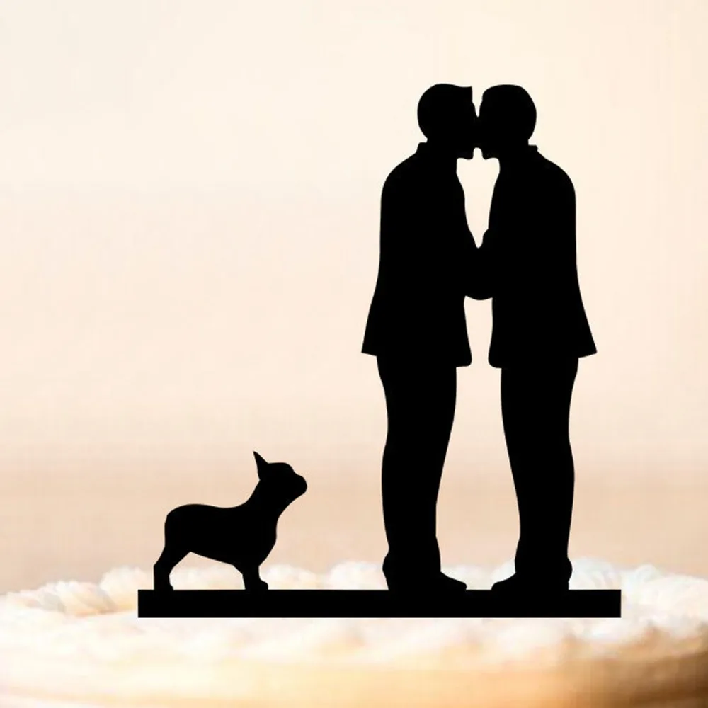 Same Sex Men and Mr Cake Topper,Mr and MR with a dog Silhouette Wedding Cake Topper, Wedding Decoration Supplies Cake Topper