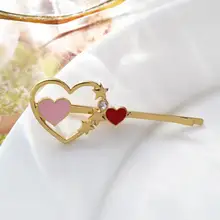 Сладкий Девушки Блеск горный хрусталь цветные масла падение шпилька День рождения Стиль заколка японский металлический полое сердце заколка для волос