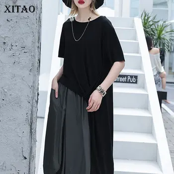 

[XITAO] Women 2019 Summer New Korea Fashion O-neck Short Sleeve Loose T-shirt Female Solid Color Irregular Long Tee DLL3178