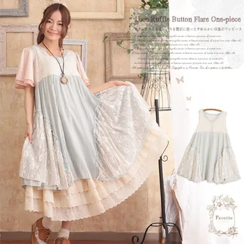 

Summer Mori Girl Lovely Dress Women Cotton Lace Embroidery Multi Level Floral Patchwork Female Lolita Soft Sweet Tank Dress A128