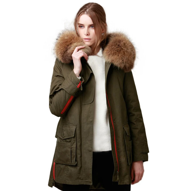 

High Quality 2018 Winter Jacket Women Large Raccoon Fur Collar Women's Parka Thick Cotton Padded Lining Female Parka Army Green