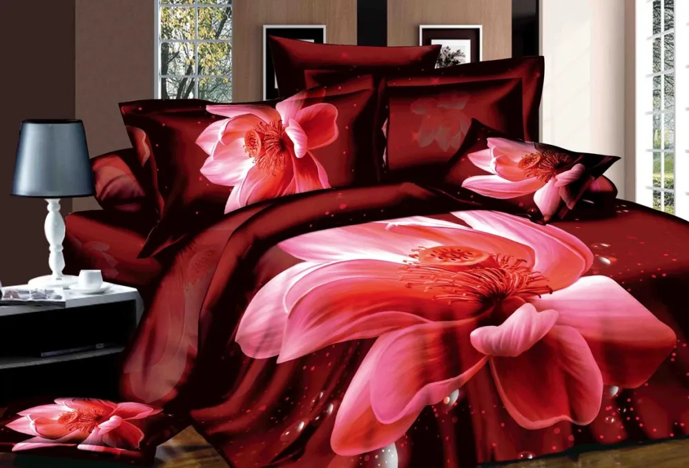 3D Red flower bedding set floral cal king size queen fitted bed sheet