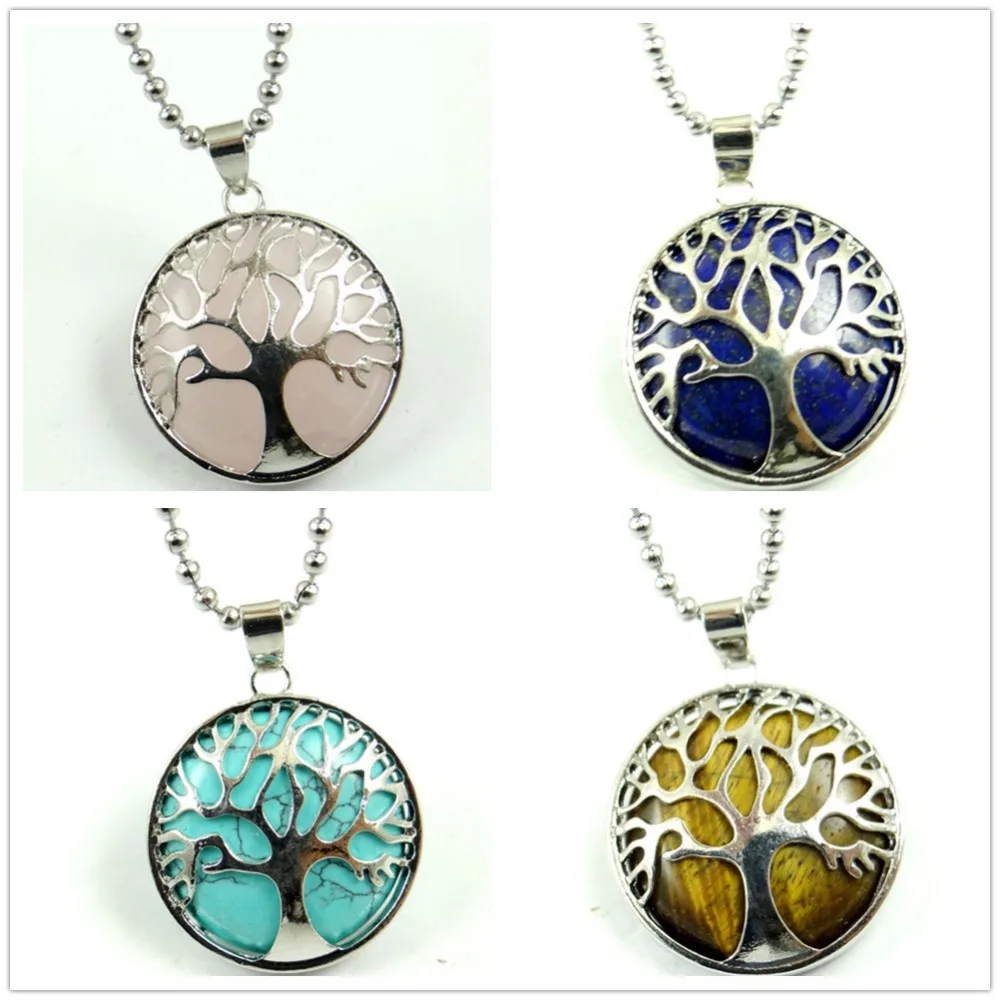

Natural Stone Quartz Crystal tiger eye Turquoises Silver Color Tree of Life Round Shaped pendant for diy jewelry making necklace