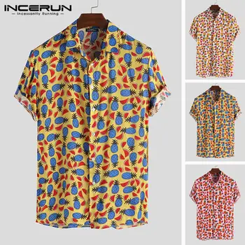 

INCERUN Fruit Printing Shirt Men Lapel Neck Summer Loose Short Sleeve Hawaiian Beach Shirt Button Street Casual Tops Camisa 2020