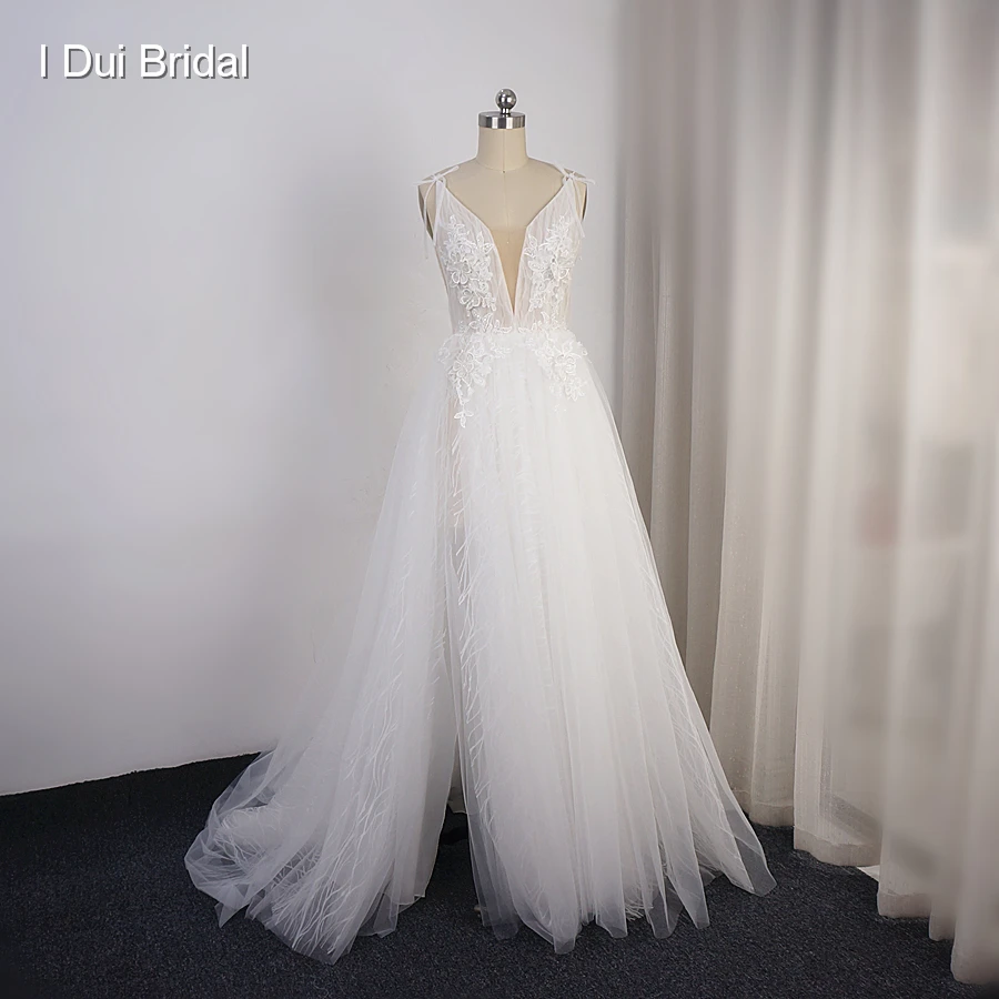 

Split Leg Short Inside Long Outside Wedding Dress Floral Lace Appliques with Bow Tie Bridal Gown