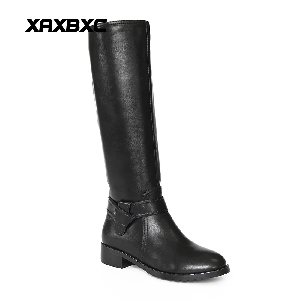 

XAXBXC 2018 Winter Black HI-Q PU Leather Simple Patch Lining Flat Heel Long Boots Warm Women Boots Handmade Casual Lady Shoes