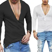 США сток Модные мужские повседневные облегающие с длинным рукавом с глубоким v-образным вырезом сексуальные рубашки футболки