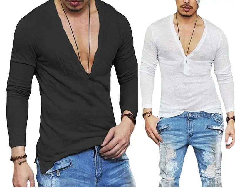 US Stock Fashion Men Casual Slim Fit Long Sleeve Deep V-neck Sexy Shirt T-shirts