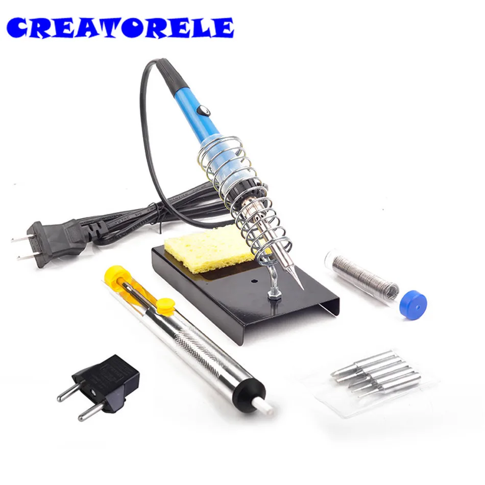 

50W EU Electric Adjustable Temperature Welding solder Soldering Iron Welding Tool with Suction tin 5pcs Iron Tips + Tin wire