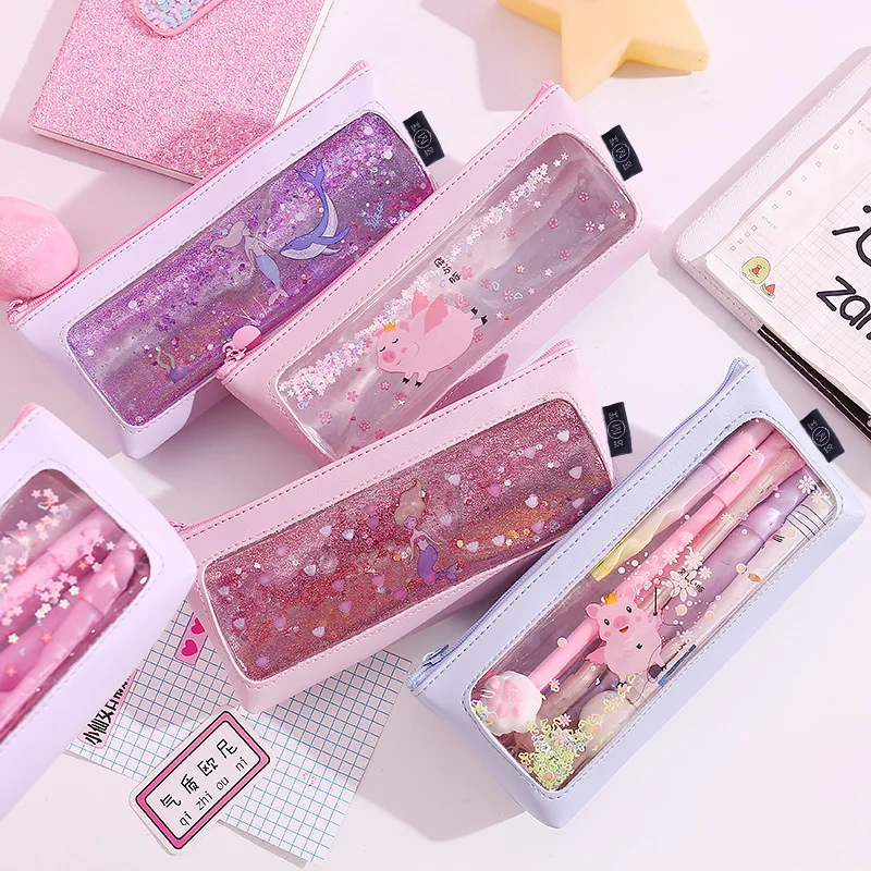 

Pink Transparent Cartoon Waterproof PU Student Pencil Case School Pencil Cases for Girl Stationery Canvas Pencil Bag