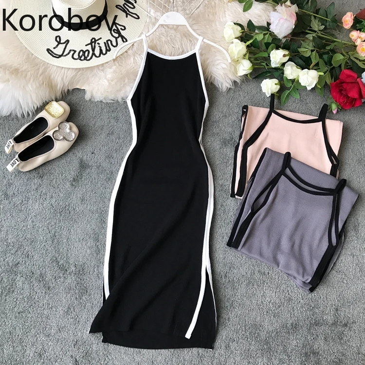 

Korobov 2019 New Fashion Women's Dresses Summer Slim Sexy Sleeveless Split Knit Dress Female Vestidos 78470