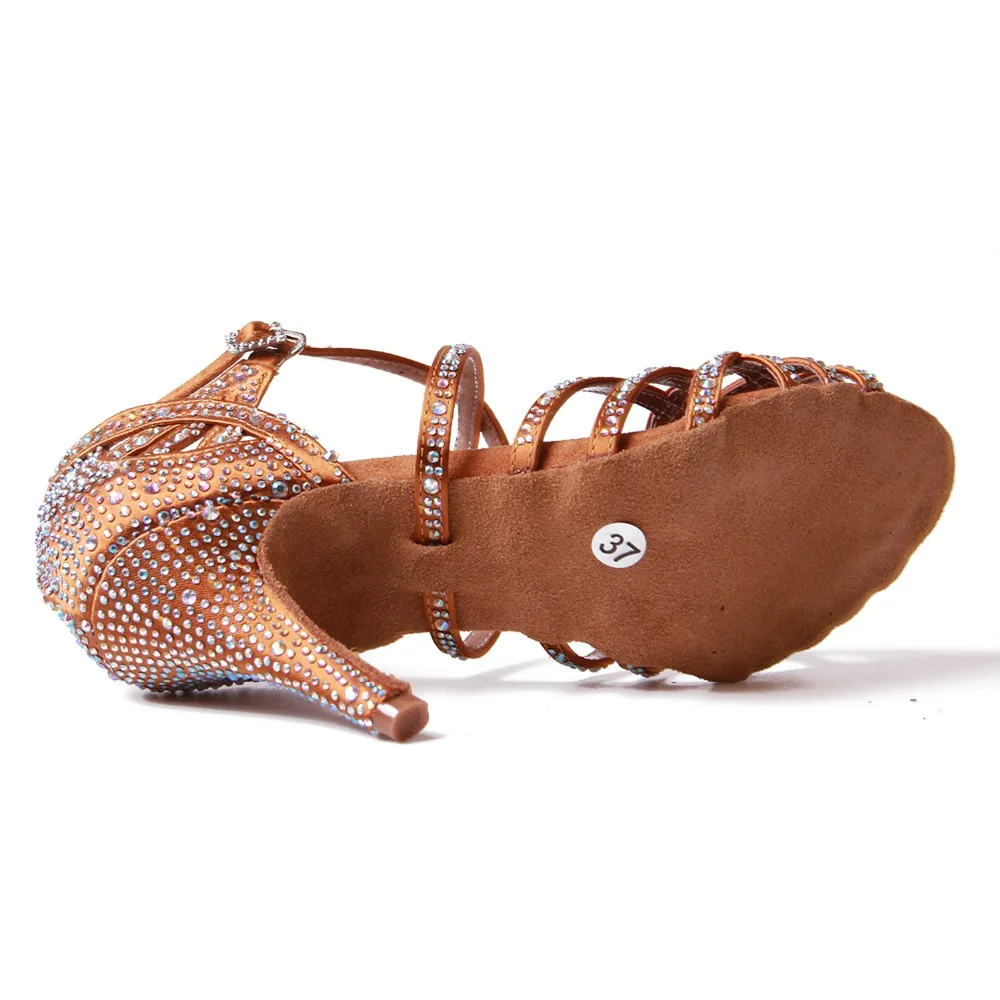 Женская обувь для бальных танцев, латинских танцев, бронзовая, сальса, Бачата, танго, обувь для социальных танцев, замшевая подошва, каблук 9 см, VA45