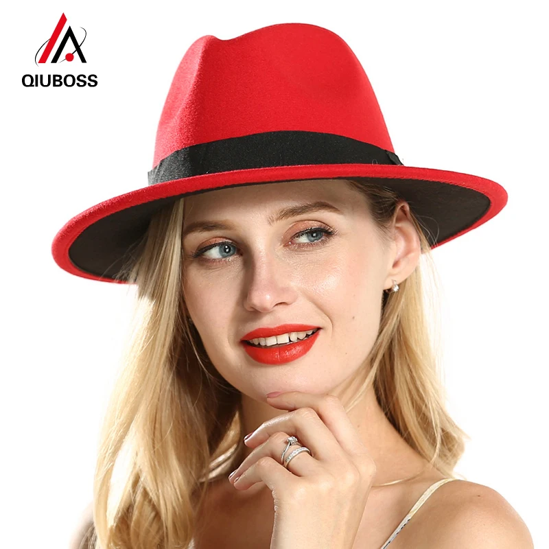 

QIUBOSS Women Wool Felt Jazz Fedora Hat with Ribbon Red Black Wide Brim Panama Trilby Carnival Cap Female Casual Gambler Hats