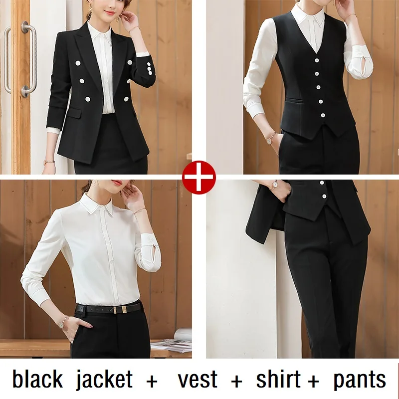 ACRMRAC женские костюмы Тонкий сплошной цвет куртка юбка комплект из 2 предметов OL формальные женские костюмы с юбкой женские деловые костюмы - Цвет: black pants  4 set
