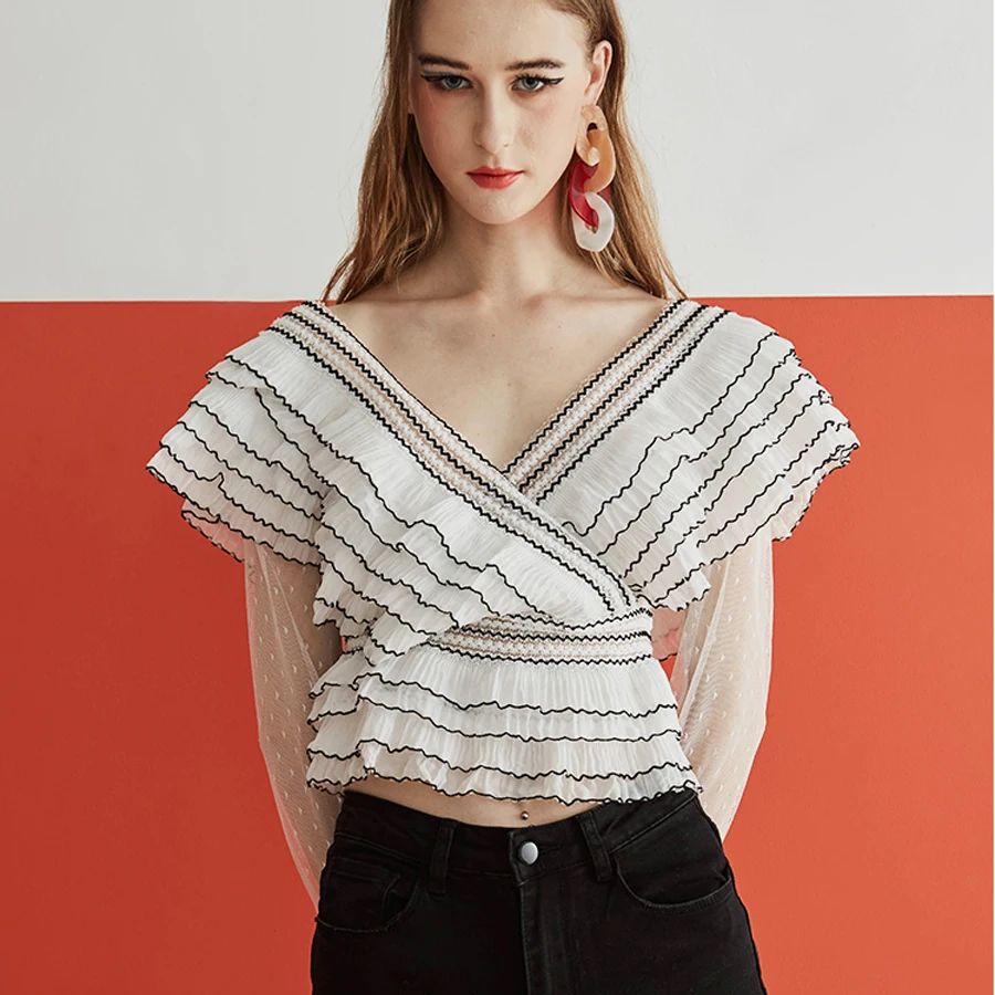 

Runway Designer Deep V-Neck Ruffles Striped Mesh Long Sleeve Sexy Elegant Woman Blouses Slim High Waist Short Shirt Summer Top