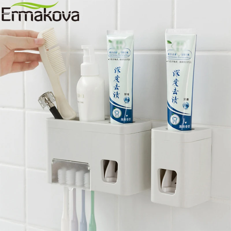 

ERMAKOVA Automatic Toothpaste Dispenser Sticky Sucker Wall Mounted Toothbrush Holder Squeezer 4 Brush Holder Bathroom Accessory