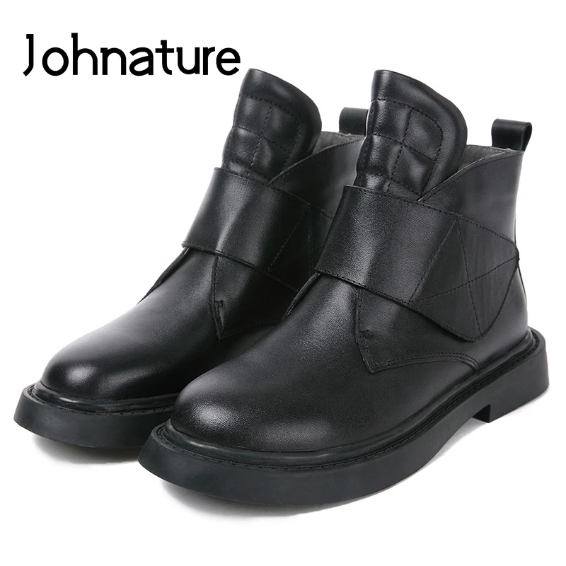 

Johnature 2020 New Autumn/Winter Genuine Leather Hook & Loop Round Toe Solid Short Plush Flat Platform Ankle Boots Women Shoes