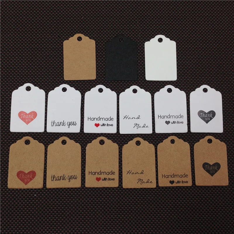

100Pcs/Lot 3x2cm DIY Kraft Paper Cardboard Hanging Tag Thank You Handmade With Love For Garment Shoes Price Label Note Card Tags