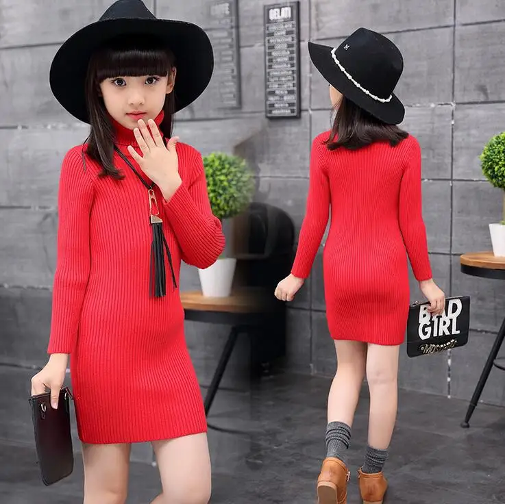 

Autumn Winter Turtleneck Girls Sweater Solid Color Full Sleeve Pullover Medium Long Knitted Basic Tops Casual Sueter Infantil