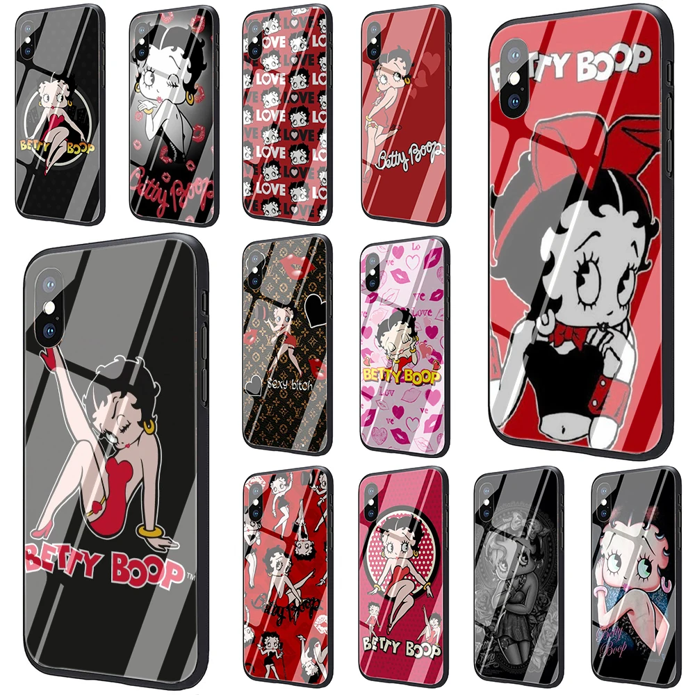

Betty boop cartoon Tempered Glass TPU Black Cover Case for iPhone 5 5S 6 6s 7 8 plus X XR XS 11 pro Max