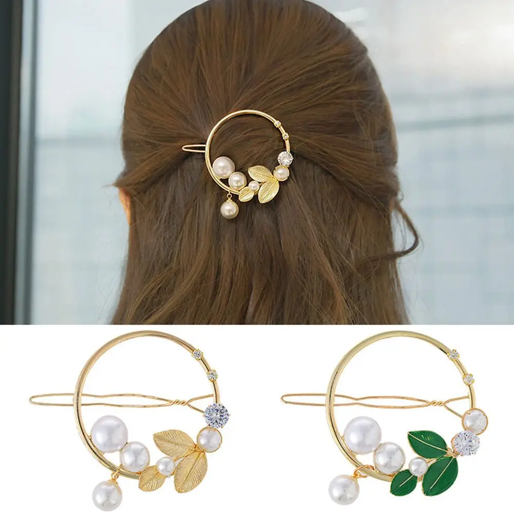 

New Fashion Women Girls Gold/Green Leaf Metal Circle Moon Hair Clips Alloy Round Pearl Hairpins Holder Hair Accessories