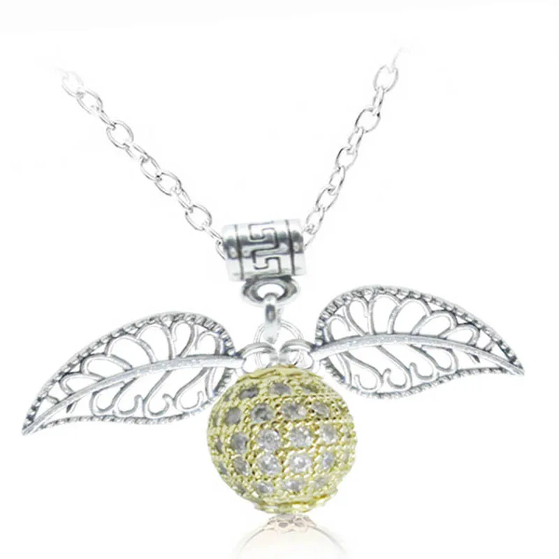Fashion Harry Necklace Men Vintage Angel Wing Charm Potter Golden Snitch Pendent Necklace Deathly Hallows Holy Saint Solitaire