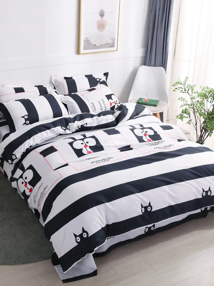 3/4Pcs Bed Sheet Set Cartoon Color Block Comfy Soft Bedding Set