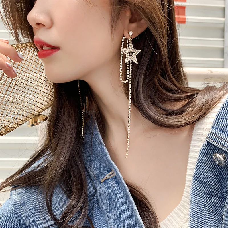 Dominated personality exaggerated crystal Star fashion Women temperament long metal tassel Drop earrings