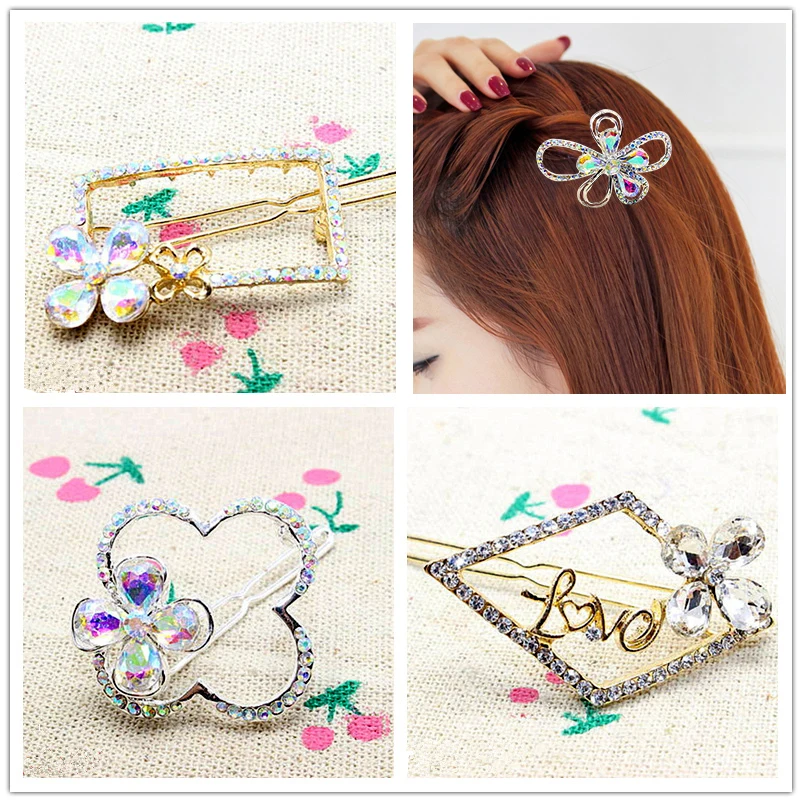1pc Crystal Stone Hair Clip Flower RhombusTie Hair Grip Heart Hair