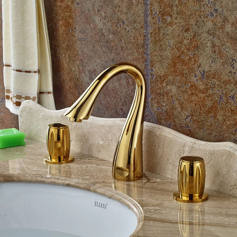 

Swan Neck Spout Bathroom Basin Faucet Daul Handles Mixer Tap Gold Polished Deck Mount