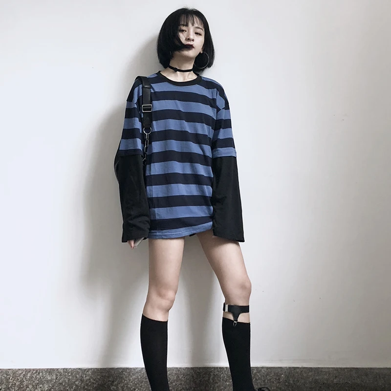 

YouGeMan Harajuku T Shirt Women Clothing Korean Ulzzang Vintage Striped Patchwork Long Sleeve T-shirt Tshirts Women Basic Tops