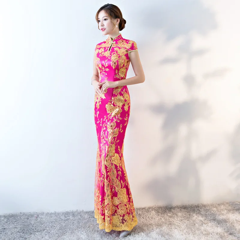 Новое Кружевное вышитое китайское традиционное платье для женщин с блестками длинное Чонсам «рыбий хвост» винтажное Восточное длинное вечернее платье Ципао