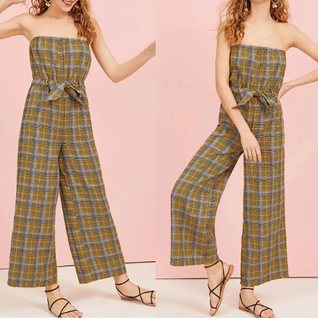 

Women Rompers summer long pants elegant woman jumpsuits polka Plaid plus size jumpsuit off shoulder overalls for womens#J30