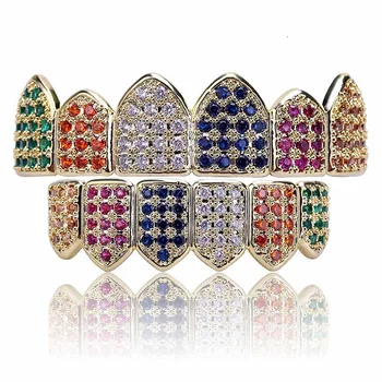 

TOPGRILLZ Gold/Silver Color Grillz Multi-Color Micro Pave CZ Bling Cubic Zirconia Top & Bottom Teeth Grillzs Hip Hop Grills