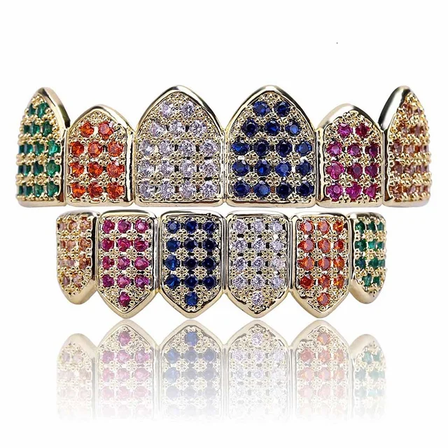 US $9.84 TOPGRILLZ Gold/Silver Color Grillz Multi-Color Micro Pave CZ Bling Cubic Zirconia Top & Bottom Teet