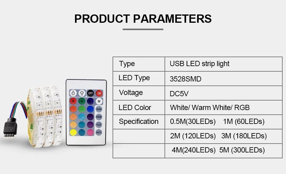 USB Светодиодная лента 3528 RGB белый теплый белый ТВ фоновый комплект освещения 50 см 1 м 2 м 3 м 5 м водонепроницаемая светодиодная лента световая лента для кухни