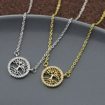 

10pcs Gothic Jewelry Stainless Steel Gold Chain AAA Cubic Zirconia Tree Of Life Pendant Necklaces For Women Collar Birthday Gift