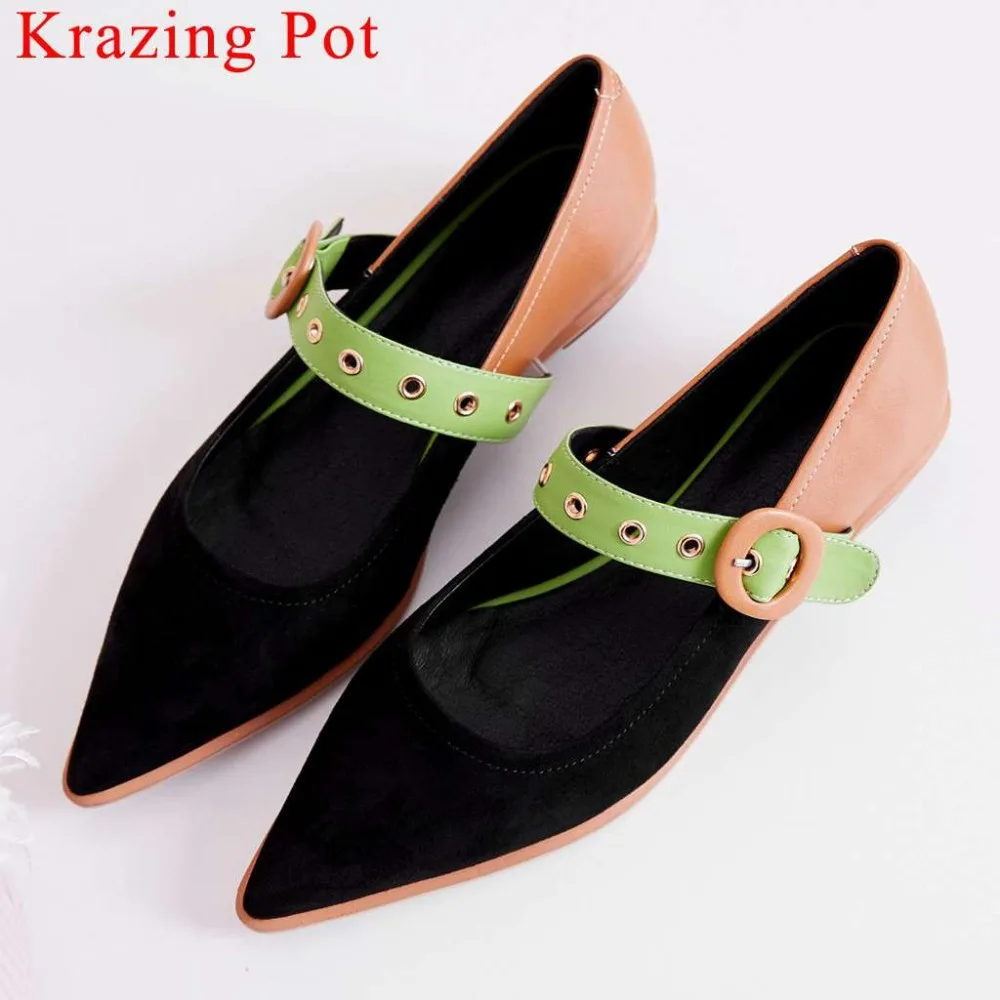 

Krazing Pot woman brand mixed colors genuine leather vintage buckle strap concise style pumps pointed toe oxford party shoes L01