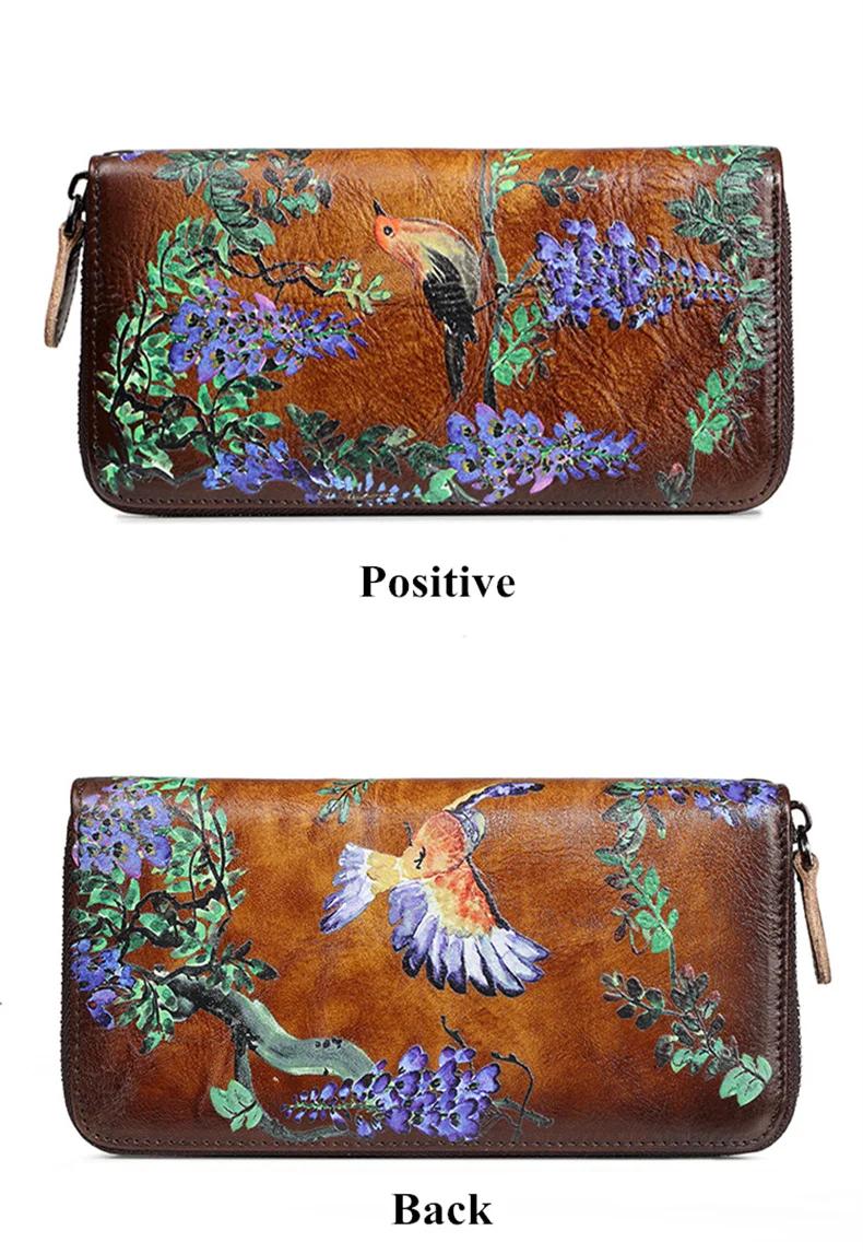 SOUTH GOOSE Genuine Leather Women Wallet Luxury Long Purse Birds Embossing Clutch Bag High Quality Female Card Holder Phone Bag