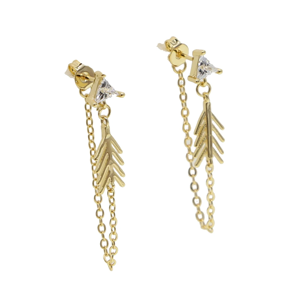 Gold Cz Leaf Feather Dangle Earring 2022 Trendy Fashion Women Charm