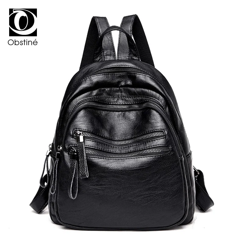 

Obstine Soft Pu Leather Travel Backpack Women Black Solid Zipper Backpacks for Teenage Girls Shoulder Bag Fashion Bagpack Female