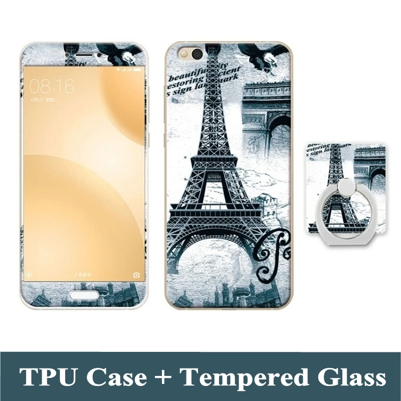 

3D Cartoon Case For Xiaomi Mi 5c Tempered Glass Film Finger Ring TPU Kickstand Patterned Cover for Xiaomi Mi5c M5c Case