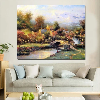 

Thomas Kinkade Fishing Under The Bridge Canvas Painting Living Room Home Decoration Modern Wall Art Oil Painting Posters Picture