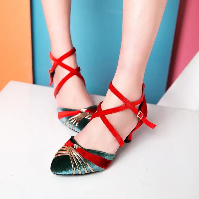 

Womens Velvet Cross Straps Stilettos Mid Heel Ankle Buckle Pumps Shoes Ballroom Latin Salsa Tango Bachata Dance Plus Size