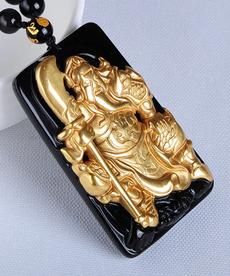 

Free shipping Free shipping Natural gold inlaid obsidian duke guan necklace pendant with rope wholesale