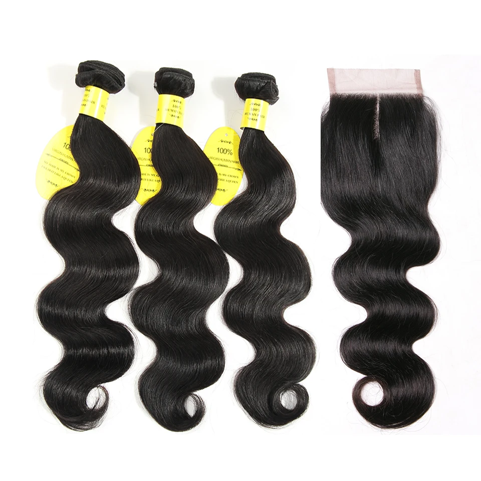 QueenLike Hair Products Real Human Hair Bundles With Closure Color 1B Non Remy 2 3 Brazilian