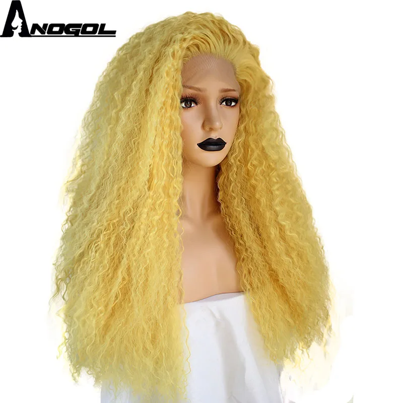 Anogol Yellow Orange Free Part High Temperature Fiber Natural Long Kinky Curly Synthetic Lace Front Wig For African American