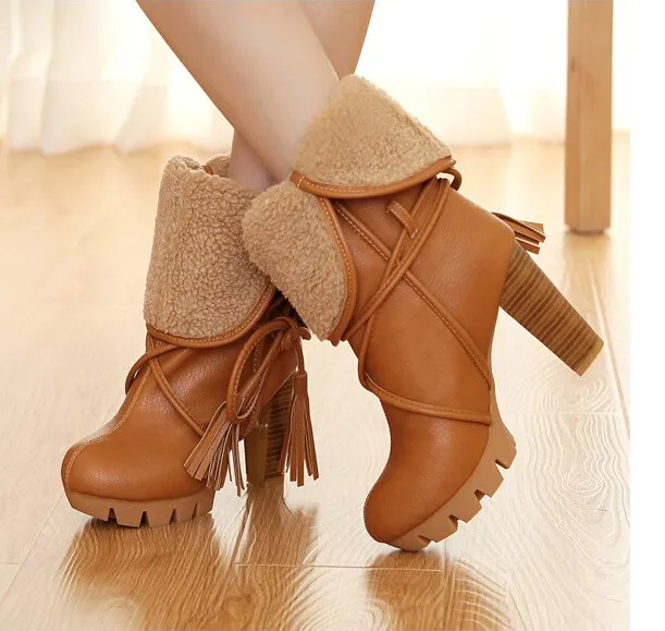 Новые Модные женские теплые зимние ботильоны зимние Для женщин сапоги для верховой езды, женские сапоги на высоком толстом каблуке высокие ботинки на шнуровке
